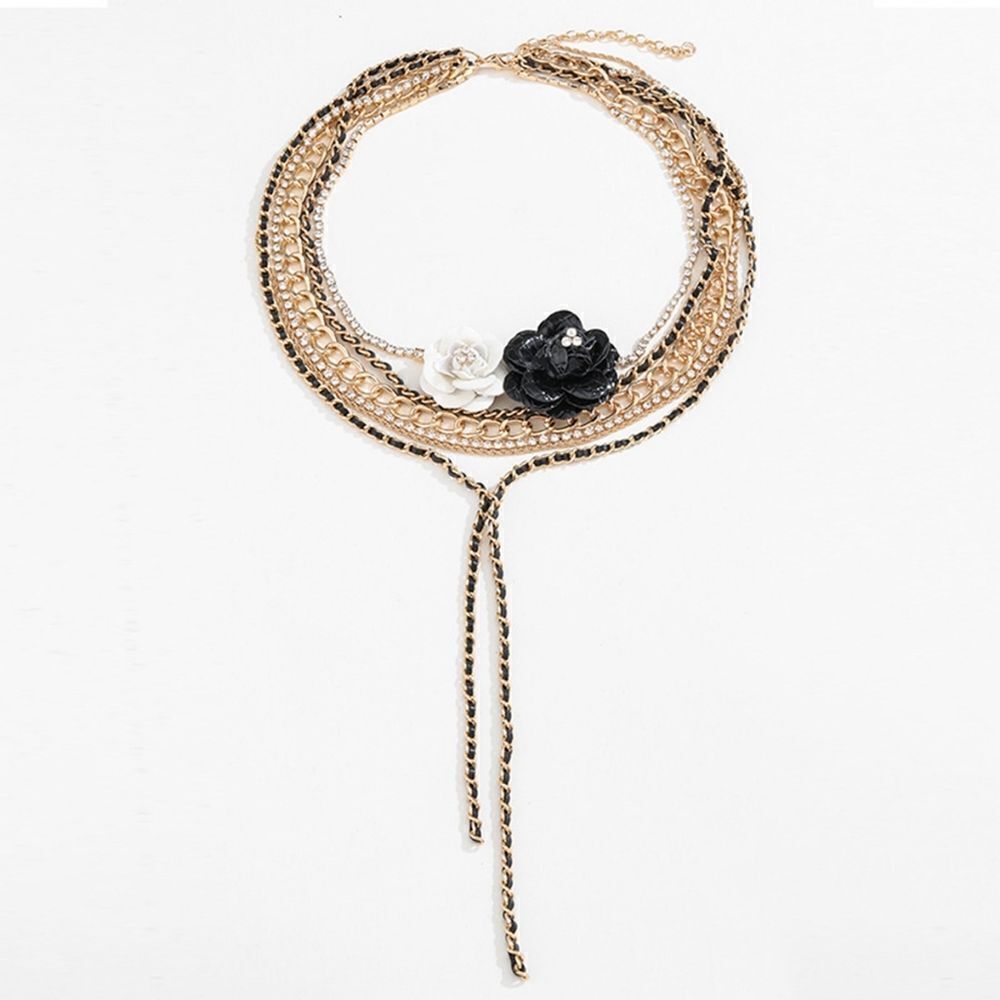 Textured Multi Strand Rhinestone Faux Leather Flower Necklace - Picture 8 of 9